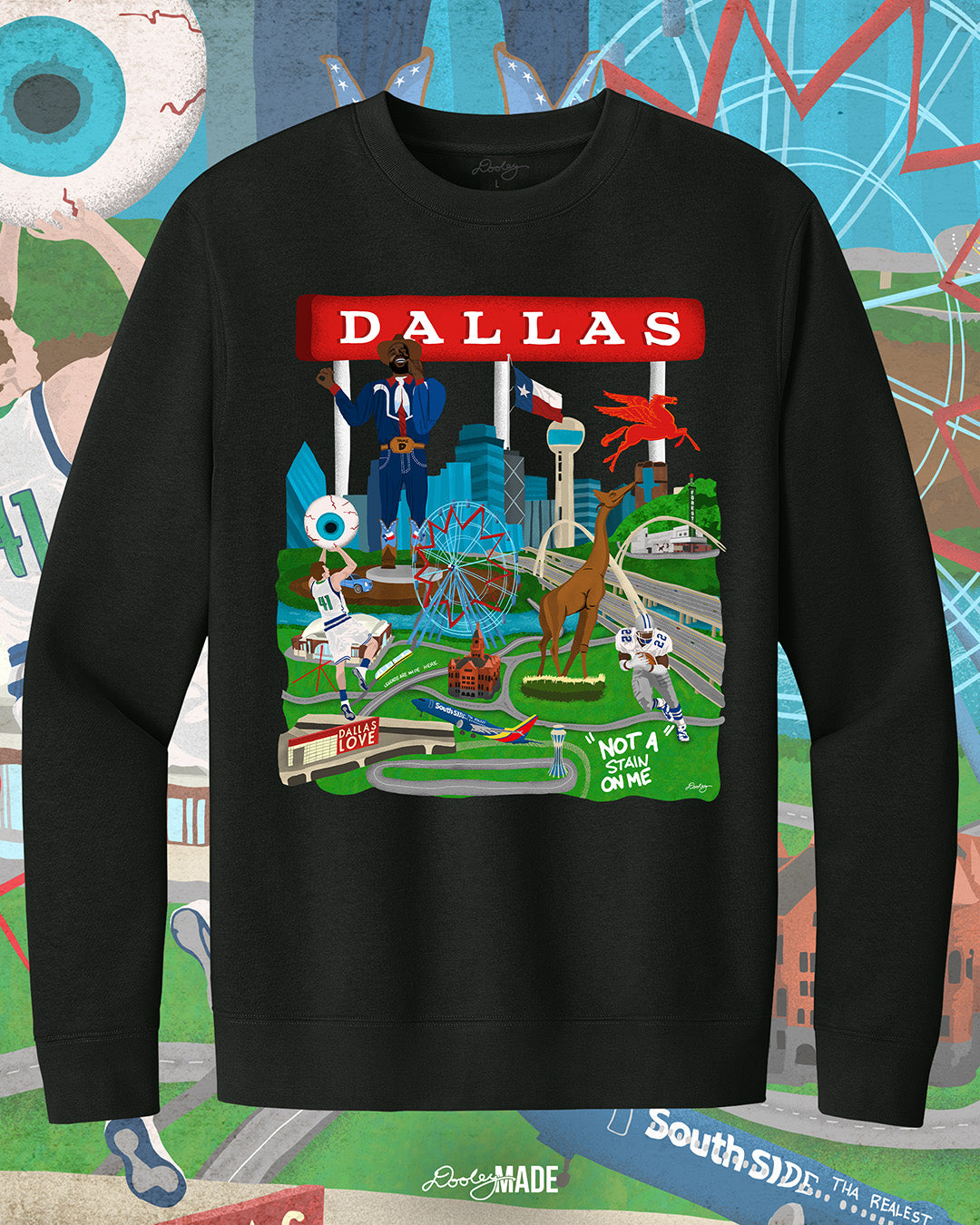 The front of a Dallas themed crewneck sweater with the text "Dallas" in red and illustrated Dallas landmarks like the Dallas skyline, "Triple D" Big Tex and the Texas Star Ferris Wheel at the State Fair of Texas, legendary Dallas athletes, Dallas Love Field Airport, Dallas Zoo giraffe statue, and the Margaret Hunt Hill Bridge. Background is colorful.