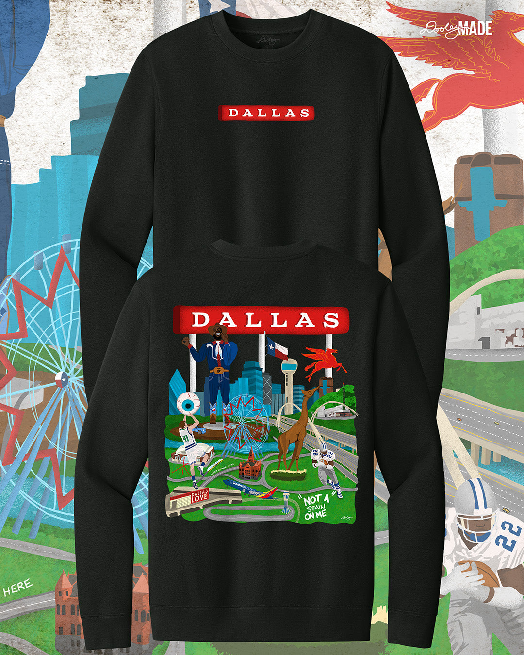 The front and back of a Dallas themed crewneck sweater with the text "Dallas" in red and illustrated Dallas landmarks like the Dallas skyline, "Triple D" Big Tex and the Texas Star Ferris Wheel at the State Fair of Texas, legendary Dallas athletes, Dallas Love Field Airport, Dallas Zoo giraffe statue, and the Margaret Hunt Hill Bridge. Background is colorful.