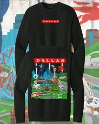 The front and back of a Dallas themed crewneck sweater with the text "Dallas" in red and illustrated Dallas landmarks like the Dallas skyline, "Triple D" Big Tex and the Texas Star Ferris Wheel at the State Fair of Texas, legendary Dallas athletes, Dallas Love Field Airport, Dallas Zoo giraffe statue, and the Margaret Hunt Hill Bridge. Background is colorful.