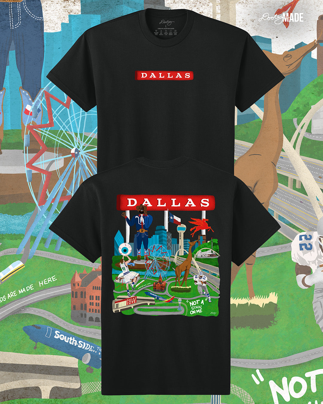 The front and back of a Dallas themed shirt with the text "Dallas" in red and illustrated Dallas landmarks like the Dallas skyline, "Triple D Big Tex and the Texas Star Ferris Wheel at the State Fair of Texas, legendary Dallas athletes, Dallas Love Field Airport, Dallas Zoo giraffe statue, and the Margaret Hunt Hill Bridge. Background is colorful.
