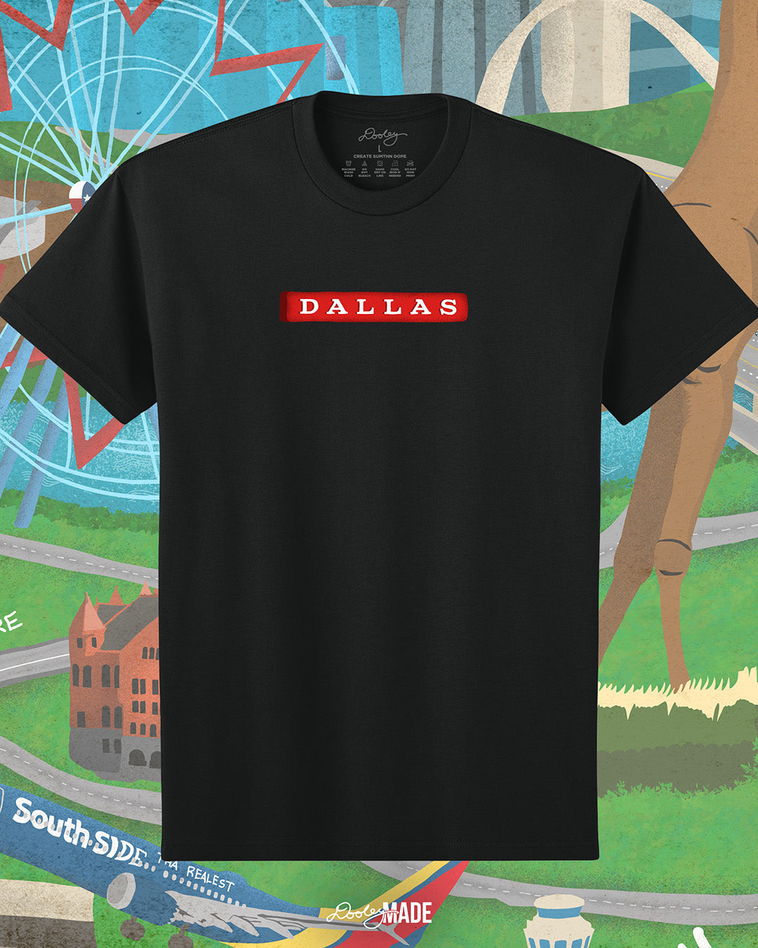 A Dallas themed shirt called "Dallas Love"  with 'DALLAS' printed on the front and a colorful background.