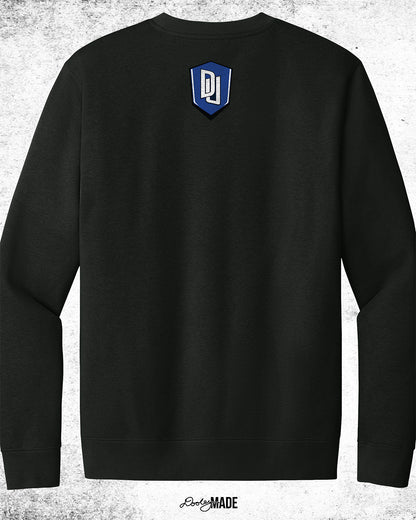 Back of Dillard University crewneck sweater in black with DU logo on back. Celebrate HBCU Pride.