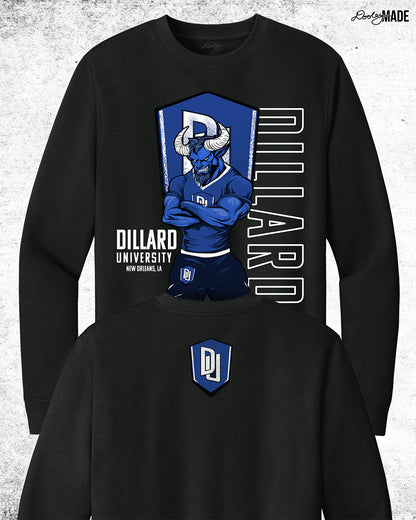 Dillard University crewneck sweater in black with DU logo and Bleu Devil mascot on front and back. Celebrate HBCU pride.