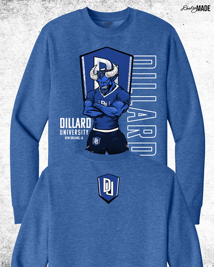 Dillard University crewneck sweater in Heather Royal Blue with DU logo and Bleu Devil mascot on front and back. Celebrate HBCU Pride.
