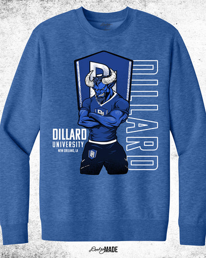 Dillard University crewneck sweater in heather royal blue with DU logo, Bleu Devil mascot, and text on front. Celebrate HBCU Pride.