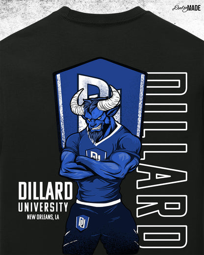 Zoomed in Dillard University graphic tee shirt in black with DU logo, Bleu Devil mascot, and text on back. Celebrate HBCU Pride.