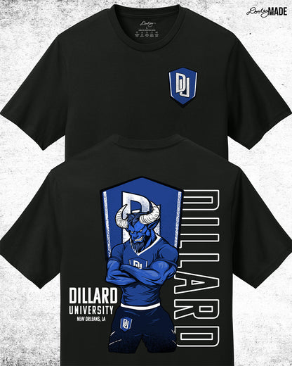 Custom Dillard University graphic tee shirt with DU logo on front and Bleu Devil mascot graphic on back. Celebrate HBCU Pride.
