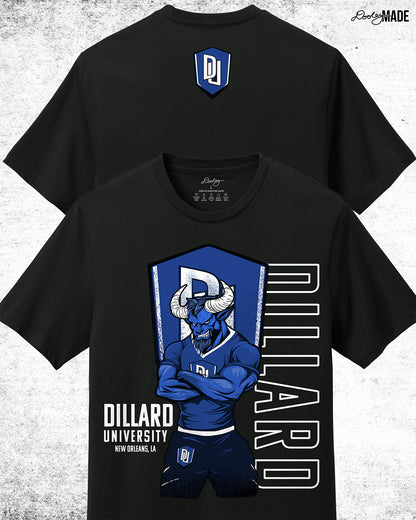 Custom Dillard University graphic tee shirt with DU logo and Bleu Devil mascot. Celebrate HBCU pride.
