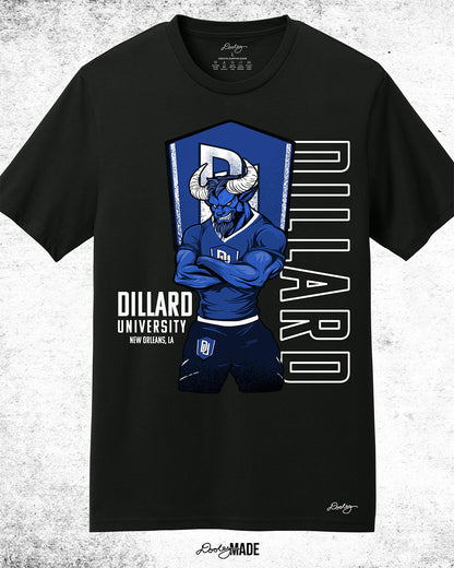 Dillard University graphic tee shirt in Black with DU logo, Bleu Devil mascot, and text on front. Celebrate HBCU Pride.