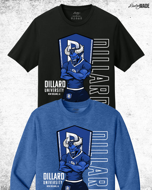 Dillard University graphic tee shirt and crewneck sweatshirt with Bleu Devil mascot, DU logo, and text on front. Celebrate HBCU pride.