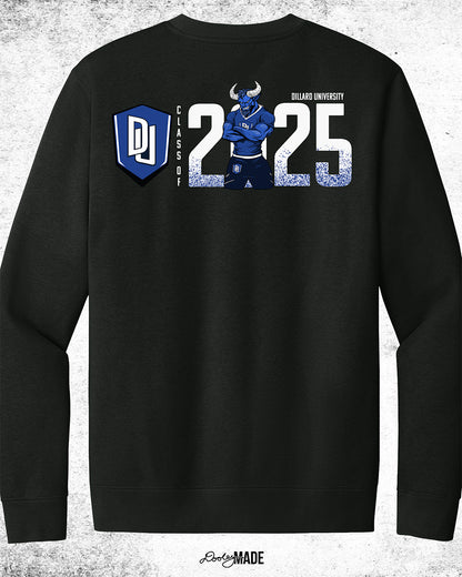 Dillard University Class of 2025 graduation crewneck sweater in black with DU logo and Bleu Devil mascot on the back. Perfect for grads.