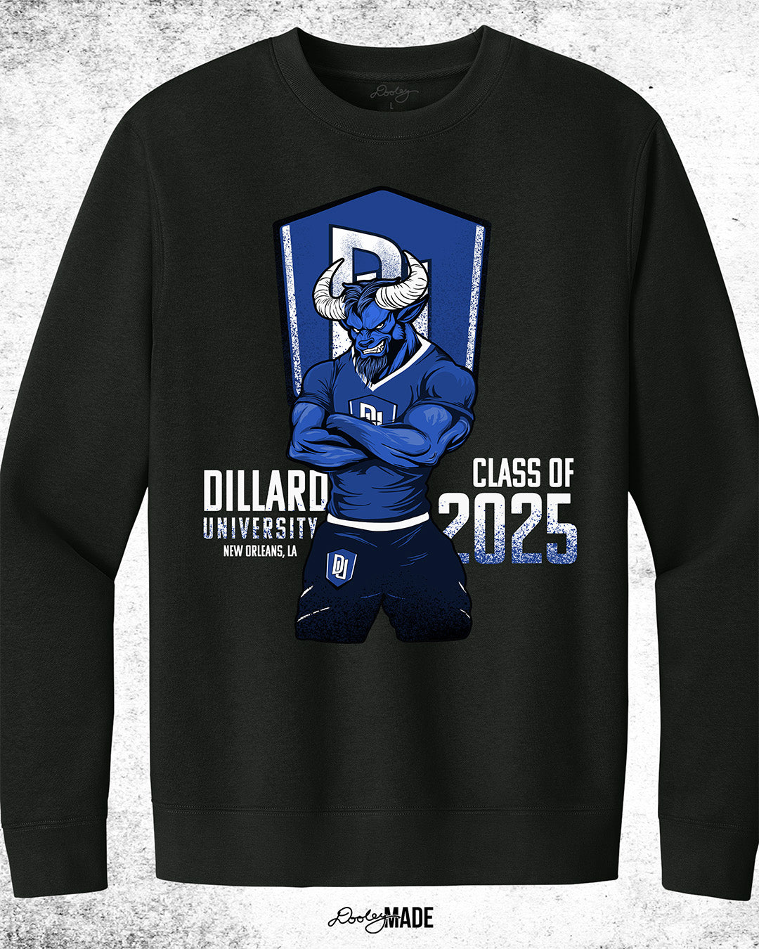 Dillard University Class of 2025 graduation crewneck sweatshirt in black with Bleu Devil mascot, DU logo, and text on back. Perfect for grads.