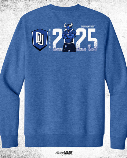 Dillard University Class of 2025 graduation crewneck sweater in heather royal blue with DU logo and Bleu Devil mascot on the back. Perfect for grads.
