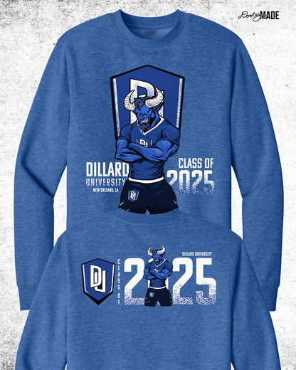 Dillard University Class of 2025 graduation crewneck sweater in Heather Royal Blue with DU logo and Bleu Devil mascot on front and back. Perfect for grads.