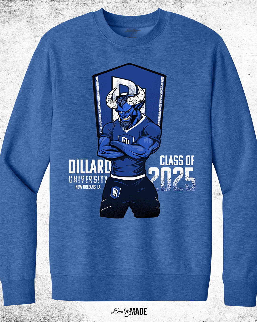 Dillard University Class of 2025 graduation crewneck sweatshirt in heather royal blue with Bleu Devil mascot, DU logo, and text on front. Perfect for grads.