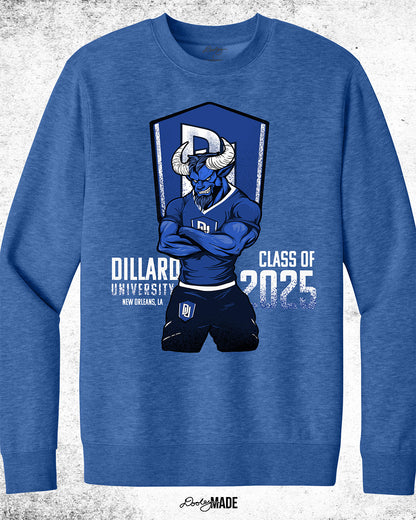 Dillard University Class of 2025 graduation crewneck sweatshirt in heather royal blue with Bleu Devil mascot, DU logo, and text on front. Perfect for grads.