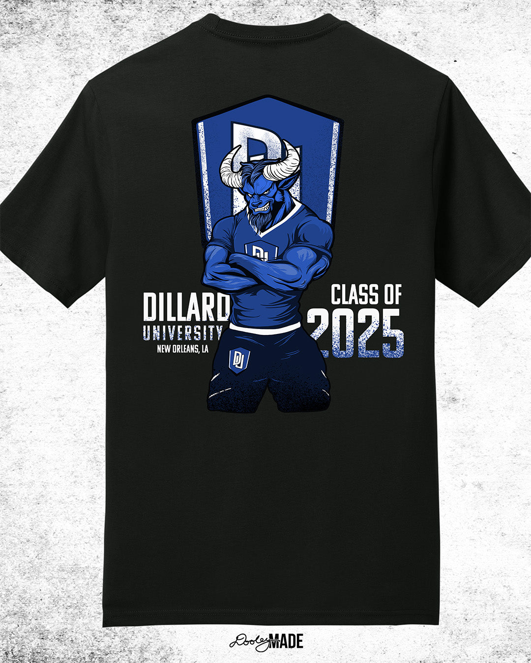 Dillard University Class of 2025 graduation graphic tee shirt in black with Bleu Devil mascot, DU logo, and text on back. Perfect for grads.