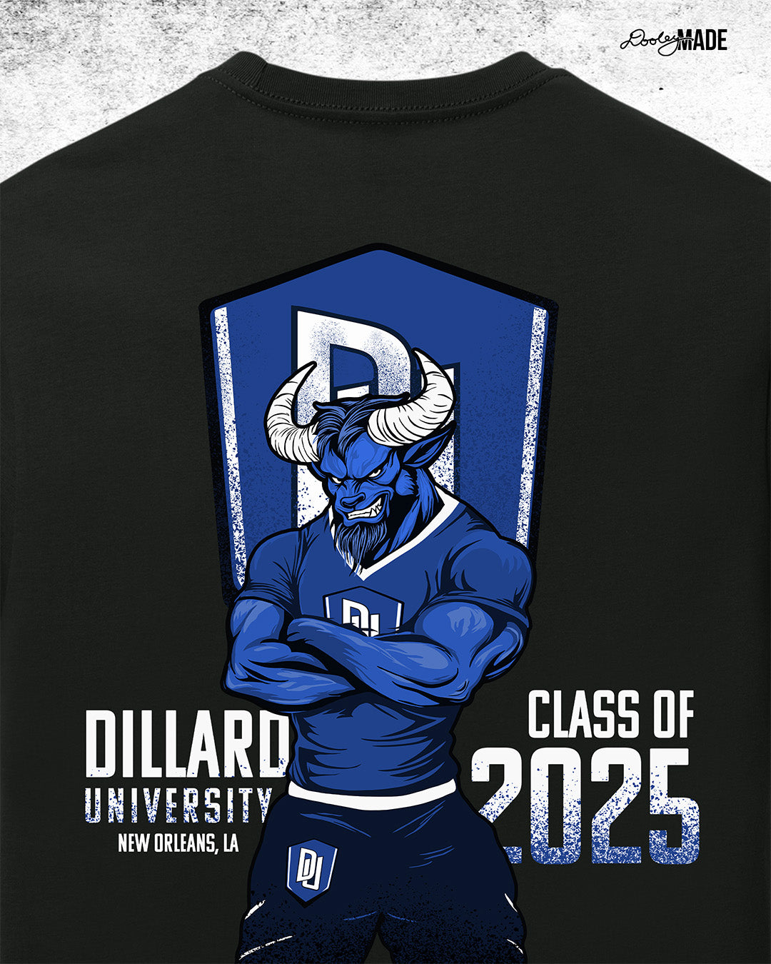 A zoomed Dillard University Class of 2025 graduation graphic tee shirt in black with Bleu Devil mascot, DU logo, and text on back. Perfect for grads.