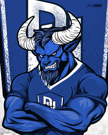 A shirt design of a custom Dillard University Bleu Devil Mascot featured on graphic tee shirts and sweaters.