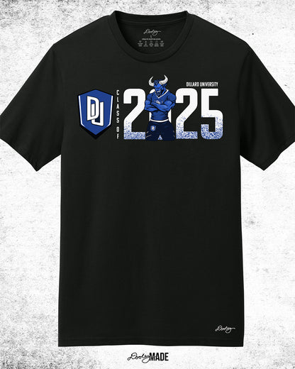 Dillard University Class of 2025 graduation graphic tee shirt in black with DU logo, Bleu Devil mascot, and 2025, on the front. Perfect for grads.