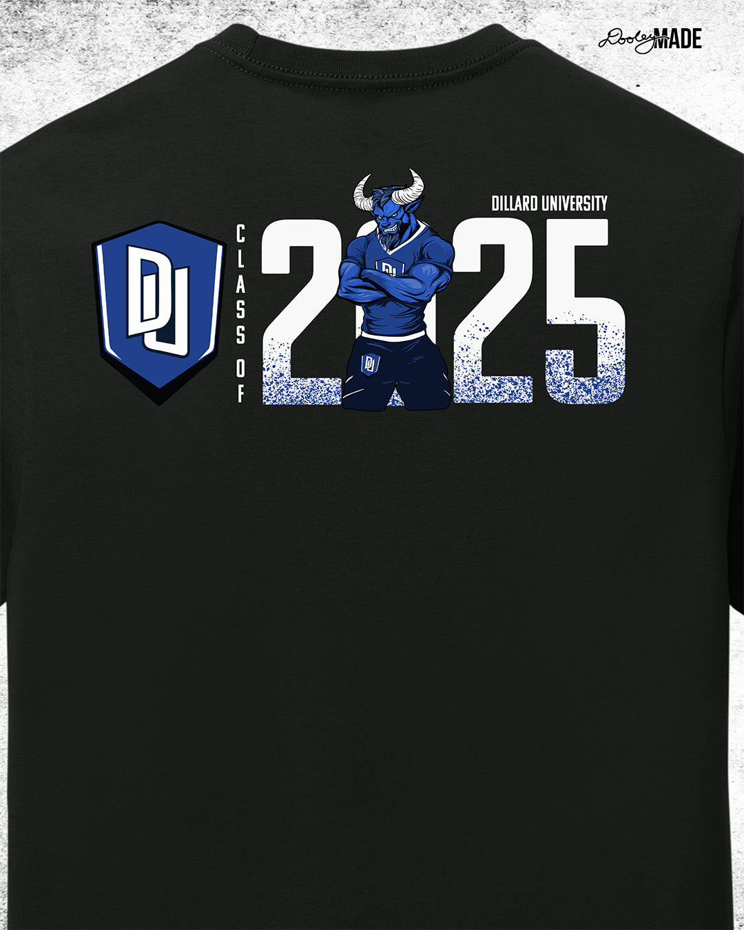 A zoomed Dillard University Class of 2025 graduation graphic tee shirt in black with DU logo, Bleu Devil mascot, and 2025, on the back. Perfect for grads.