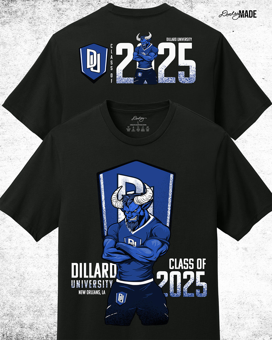 Style 2 of Dillard University Class of 2025 graduation shirt in black with DU logo and Bleu Devil mascot on front and back. Perfect for grads.