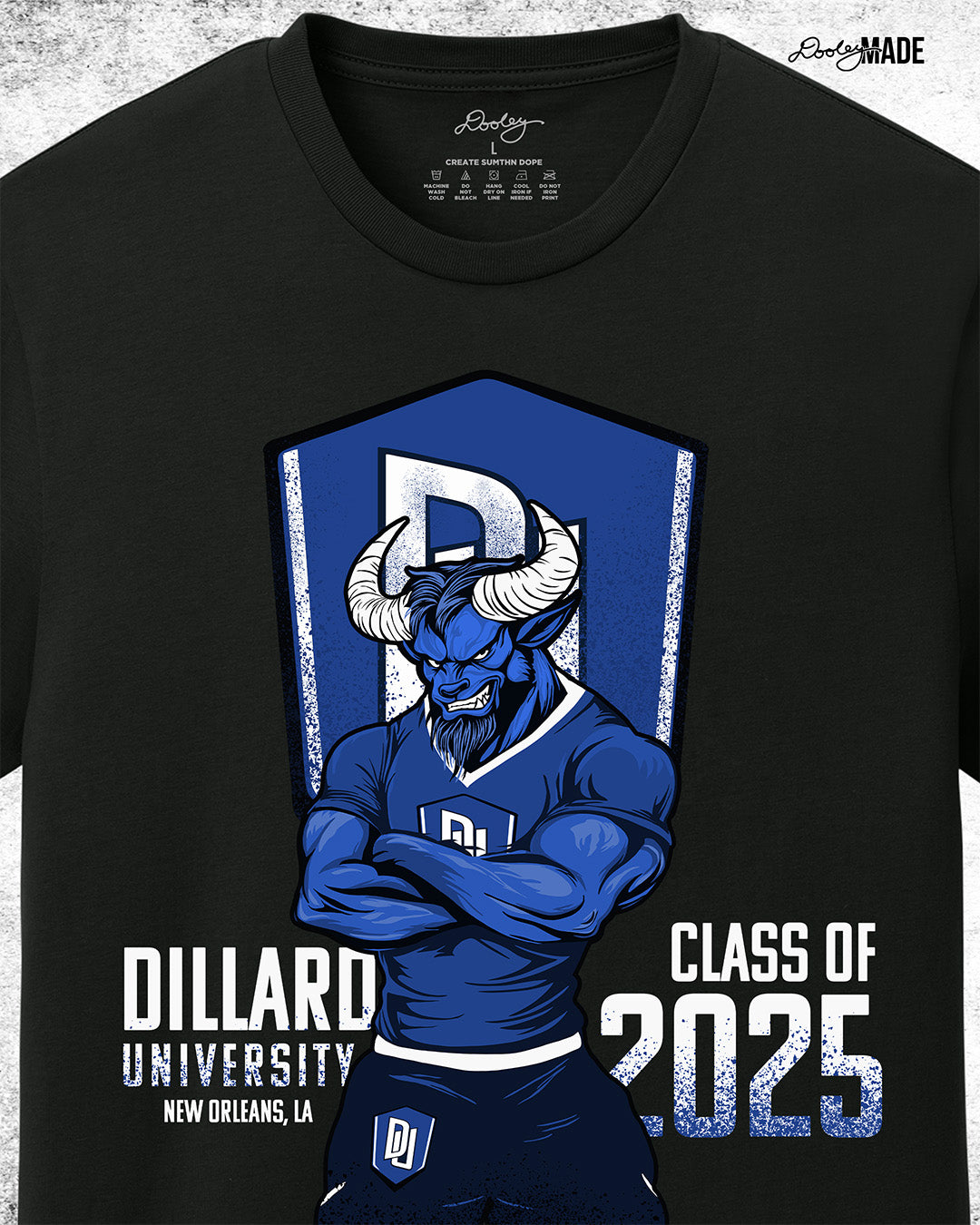 Zoomed in Dillard University Class of 2025 graduation graphic tee shirt in black with DU logo and Bleu Devil mascot on front. Perfect for grads.