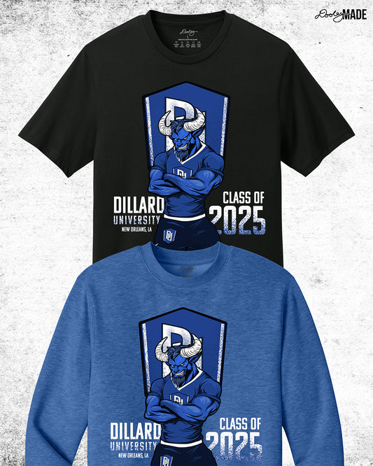 Dillard University Class of 2025 graduation graphic tee shirt and crewneck sweatshirt with Bleu Devil mascot, DU logo, and text on front. Perfect for grads.