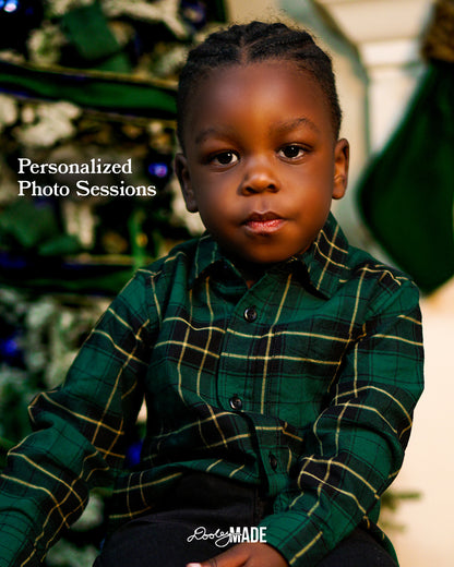 A brown skinned child wearing a green plaid shirt with 'Personalized Photo Sessions' text advertising Personalized Photo Sessions in the Dallas DFW Metroplex by Dooley Made.