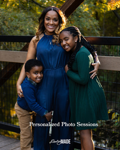 Woman and two children posing outdoors on a wooden bridge with 'Personalized Photo Sessions' text, advertising Personalized Photo Sessions in the Dallas DFW Metroplex by Dooley Made.