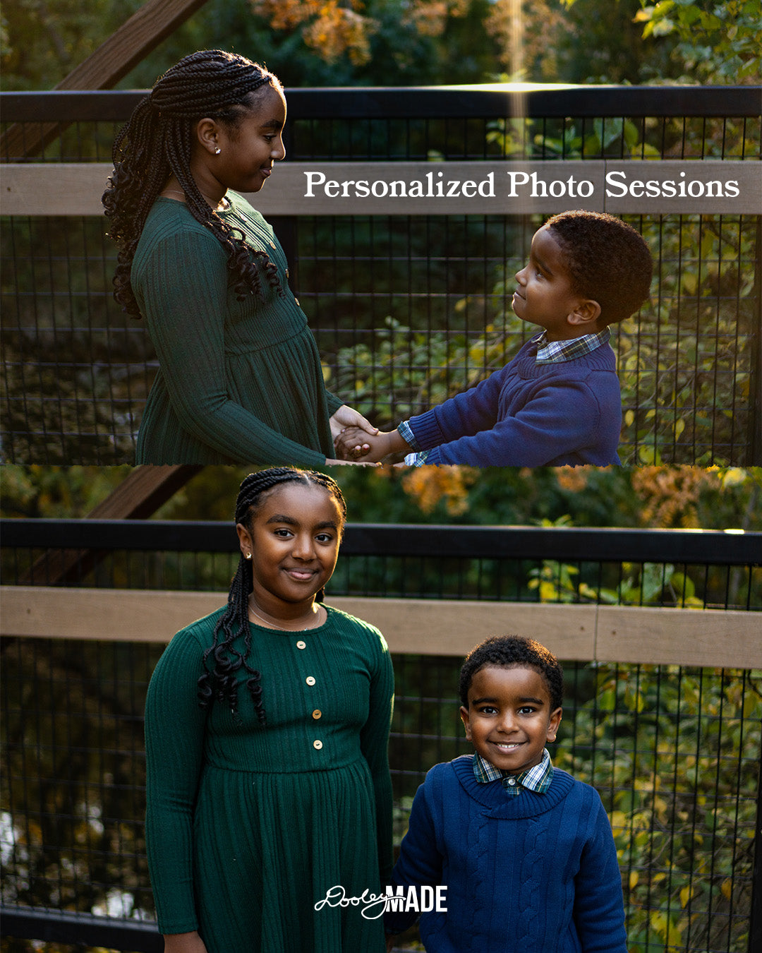 Two images of a brown skinned girl and boy in green and blue outfits with text overlay 'Personalized Photo Sessions' advertising Personalized Photo Sessions in the Dallas DFW Metroplex by Dooley Made.