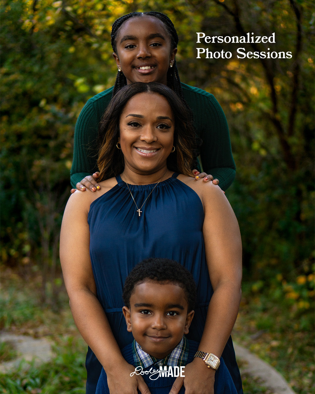 Woman and two children posing outdoors in a vertical arrangement with 'Personalized Photo Sessions' text, advertising Personalized Photo Sessions in the Dallas DFW Metroplex by Dooley Made.