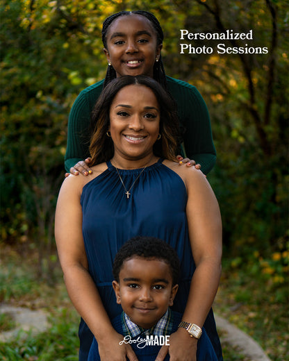 Woman and two children posing outdoors in a vertical arrangement with 'Personalized Photo Sessions' text, advertising Personalized Photo Sessions in the Dallas DFW Metroplex by Dooley Made.