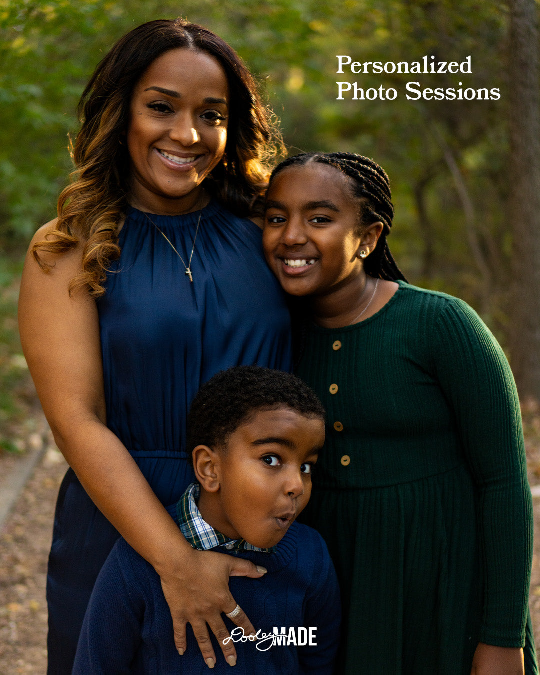 Woman and two children posing outdoors with 'Personalized Photo Sessions' text, advertising Personalized Photo Sessions by Dooley Made.