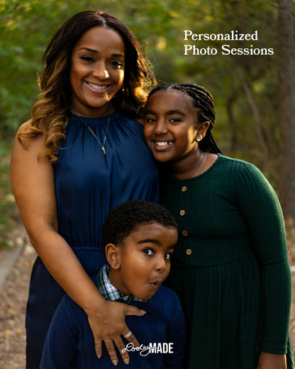 Woman and two children posing outdoors with 'Personalized Photo Sessions' text, advertising Personalized Photo Sessions by Dooley Made.