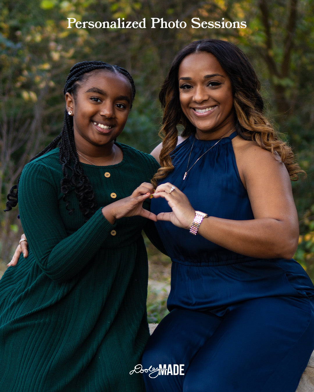 Woman and girl posing outdoors with 'Personalized Photo Sessions' text, advertising Personalized Photo Sessions in the Dallas DFW Metroplex by Dooley Made.