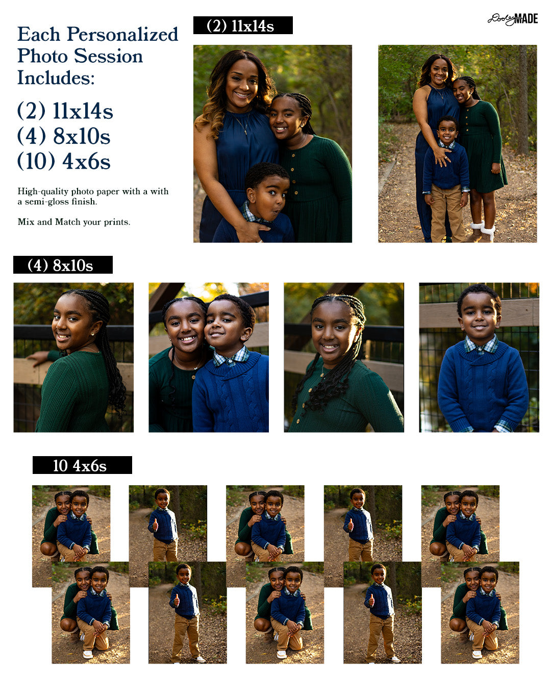 Promotional graphic for personalized photo sessions with family photos and prints, explaining the contents of a Dooley Made Photography Package. 