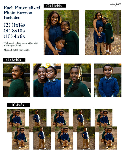 Promotional graphic for personalized photo sessions with family photos and prints, explaining the contents of a Dooley Made Photography Package. 