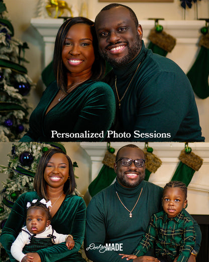 Collage of a family posing together with green Christmas themed decorations with text 'Personalized Photo Sessions,'  advertising Personalized Photo Sessions in the Dallas DFW Metroplex by Dooley Made.