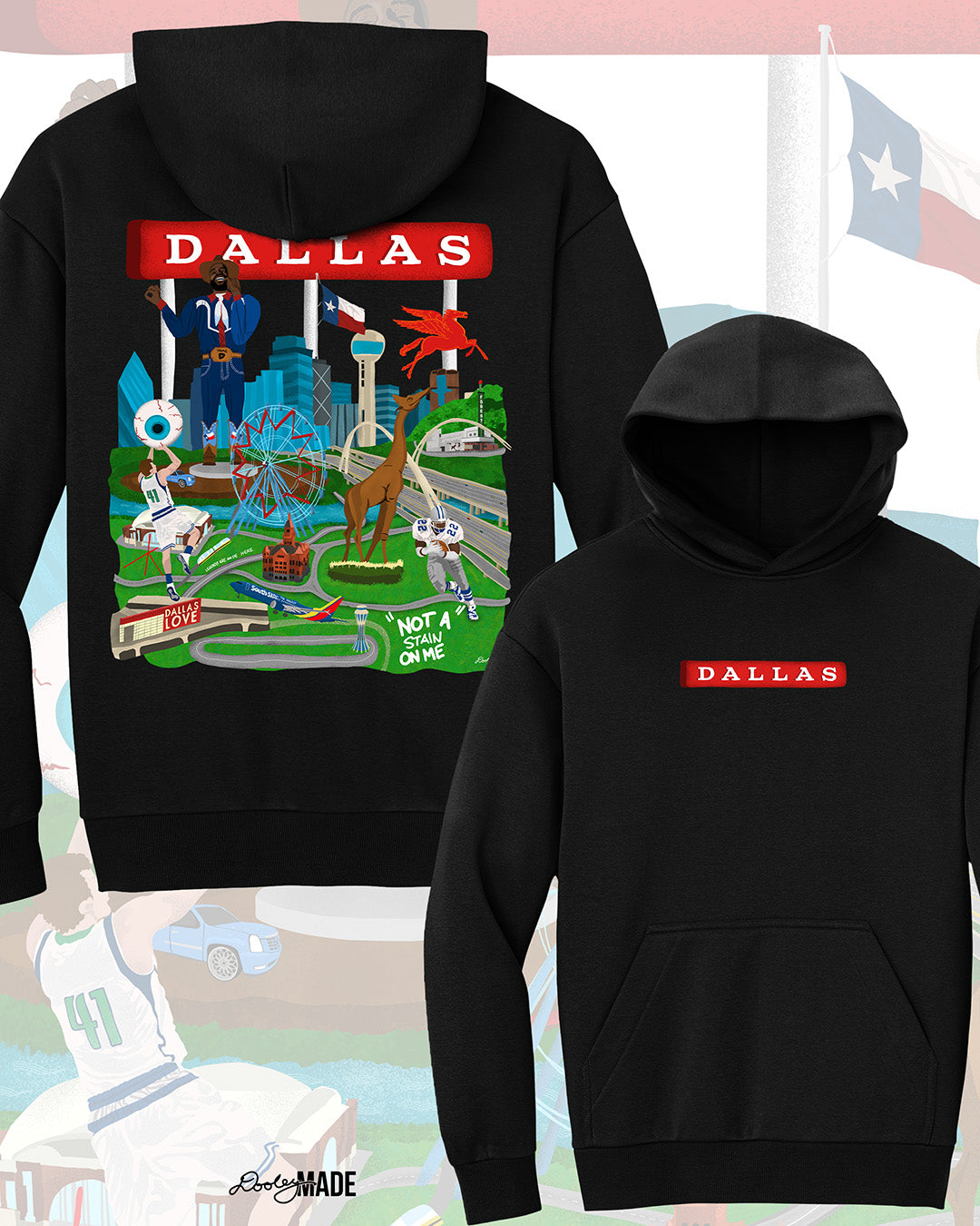 The front and back of a Dallas themed Heavyweight Hoodie with the text "Dallas" in red and illustrated Dallas landmarks like the Dallas skyline, "Triple D" Big Tex and the Texas Star Ferris Wheel at the State Fair of Texas, legendary Dallas athletes, Dallas Love Field Airport, Dallas Zoo giraffe statue, and the Margaret Hunt Hill Bridge. Background is colorful.