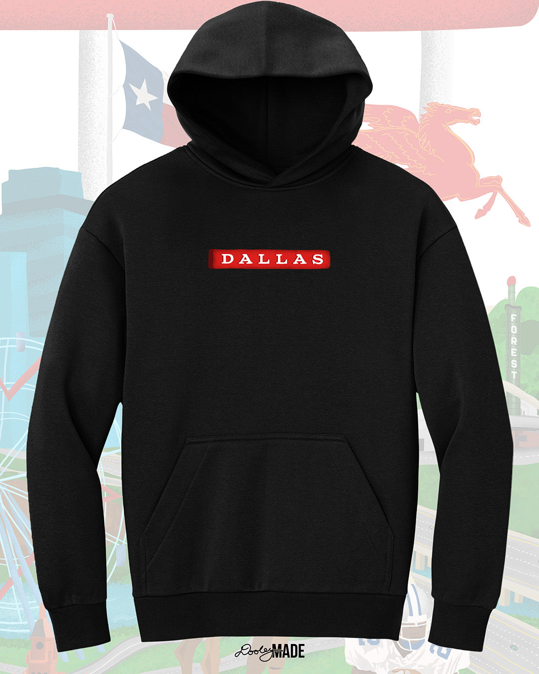 The front of a Dallas themed heavyweight 340 gsm hoodie called "Dallas Love"  with 'DALLAS' printed on the front and a colorful background.