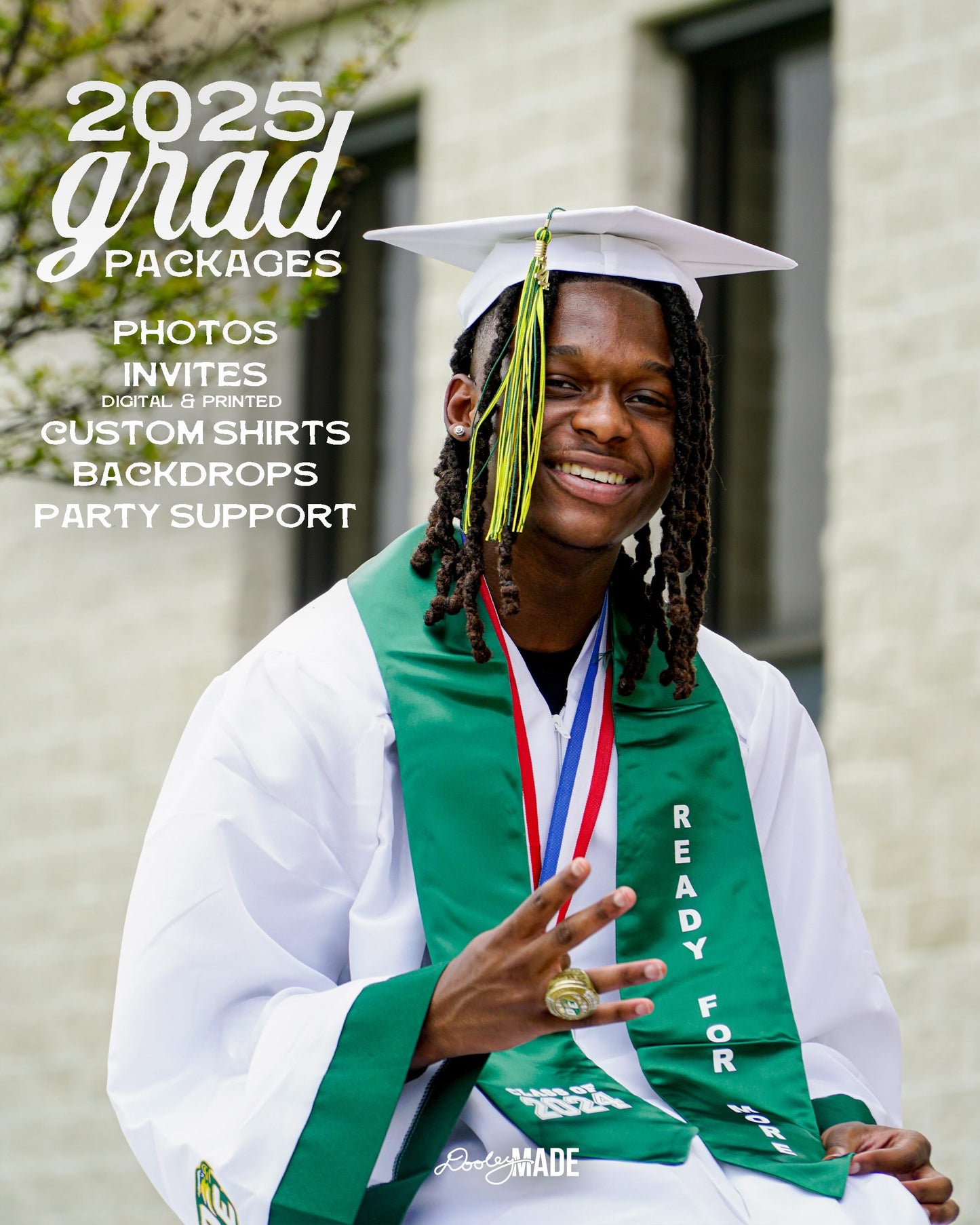 A photo of a graduate in a white cap and gown advertising Personalized Graduation Photography packages that can include photos, digital and physical invites, custom shirts, photo backdrops, and general party support. 