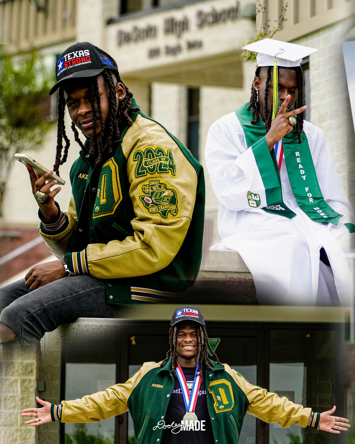 A photo collage advertising Personalized Graduation Photography showing 3 celebratory photos a graduate wearing a white cap and gown, and a green letterman jacket.