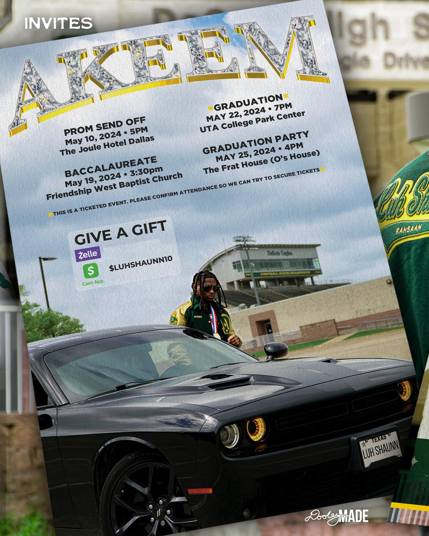 A photo advertising Personalized Graduation Photography packages that include invites showing a printed graduation invite with name, details about graduation event, a photo of a graduate standing in front of a football stadium next to a car, and details to gift the graduate vis Zelle and CashApp