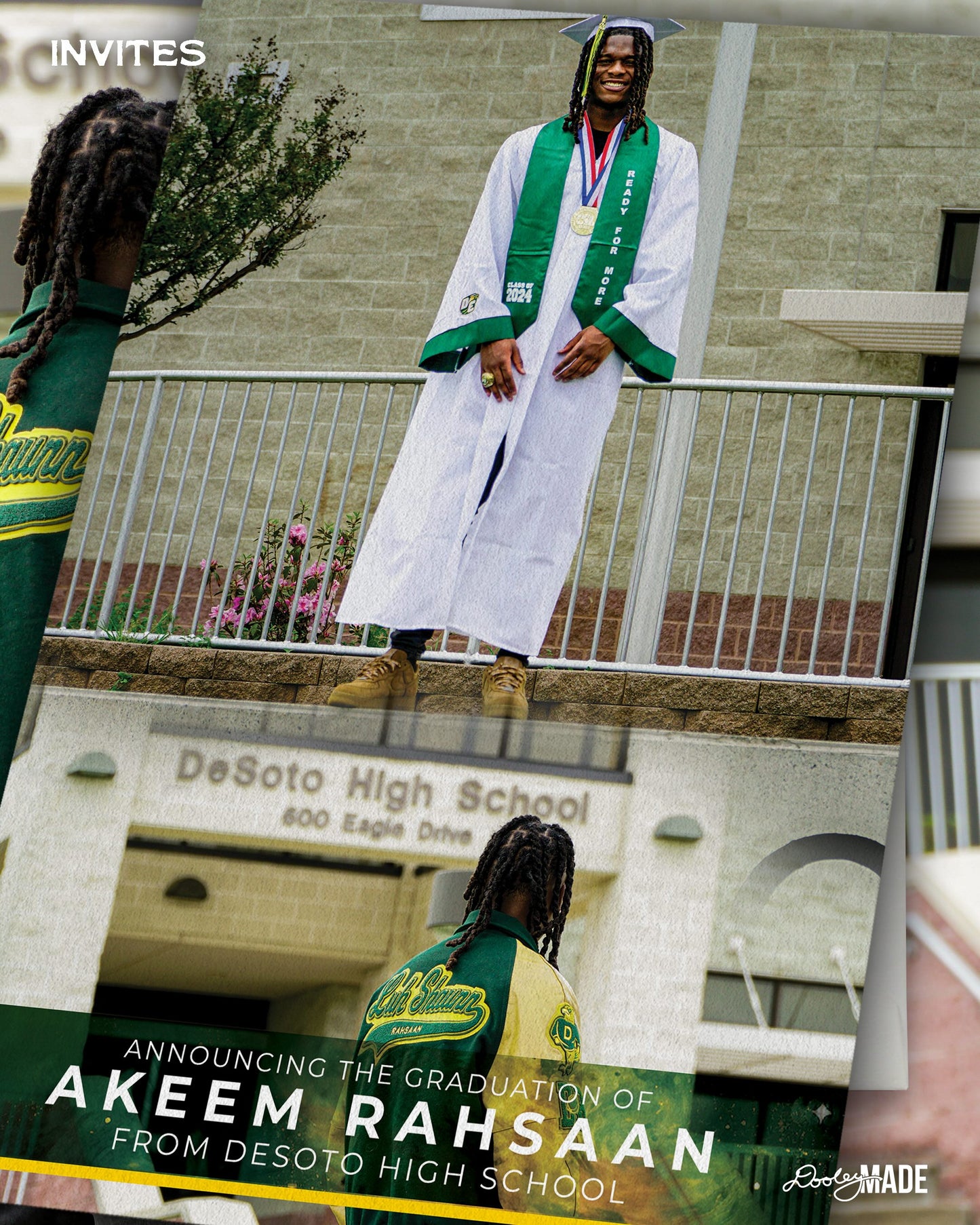 A photo advertising Personalized Graduation Photography packages that include printed invites showing a printed graduation invite with a graduate wearing white cap above a graduate standing in front of a high school wearing a letterman jack. 