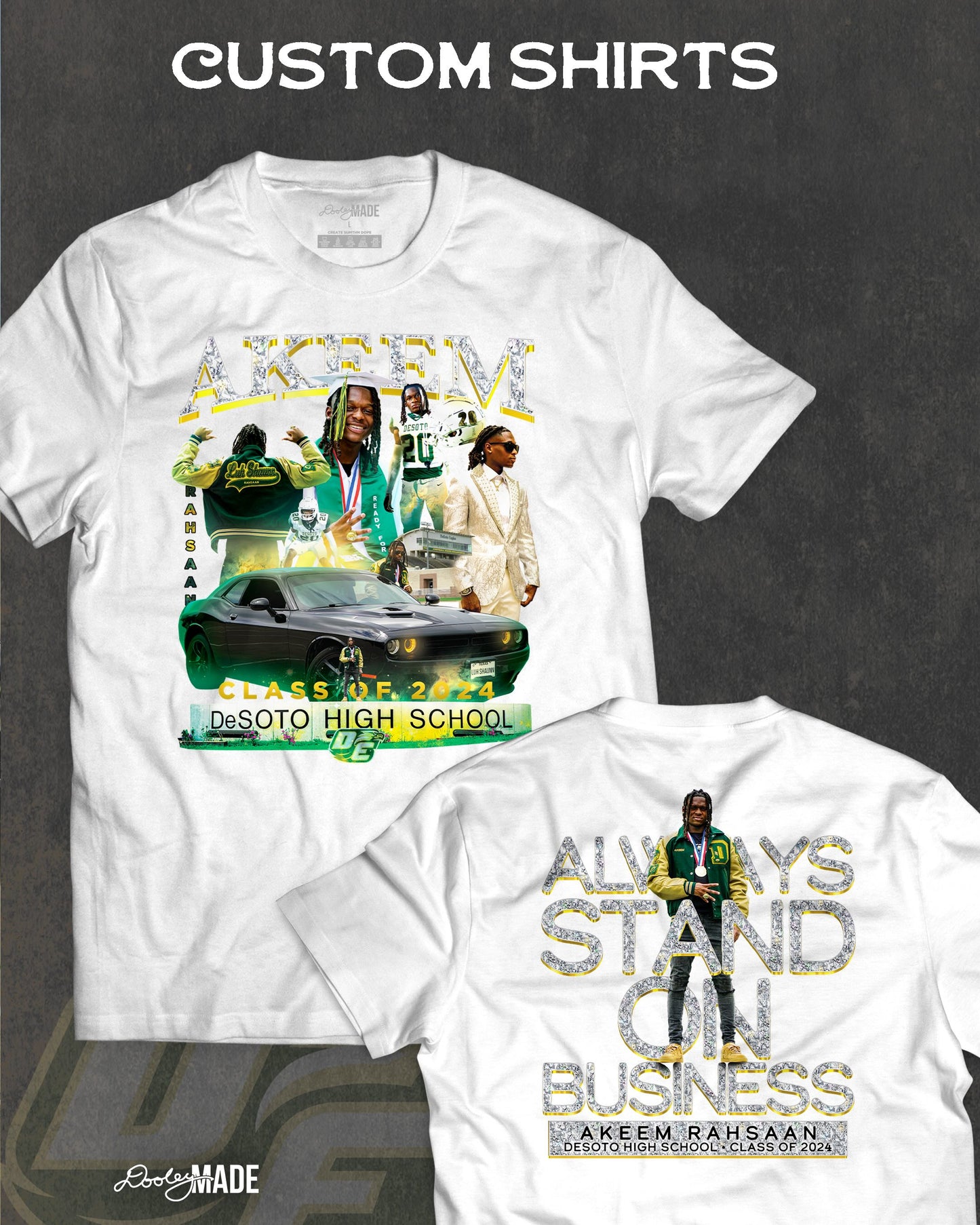 A photo advertising a custom graduation shirt have was made from photos captured during a graduate photography session and during the graduates senior year. 
