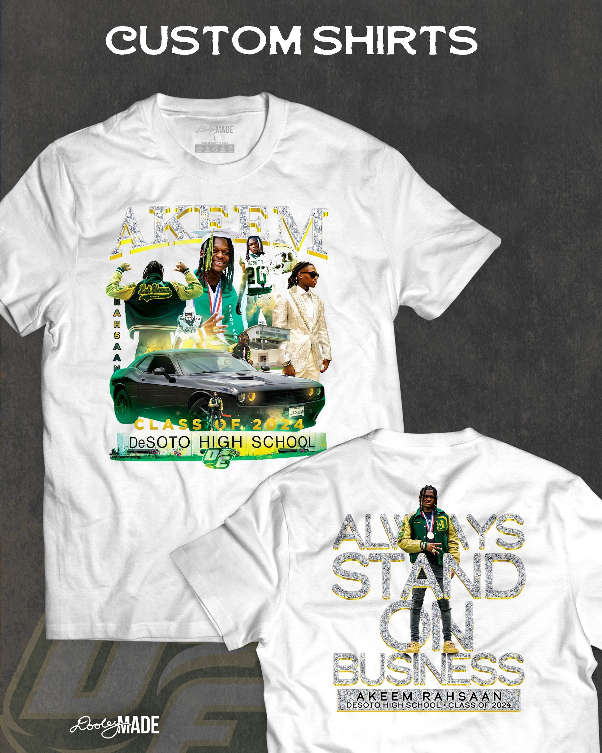 A photo advertising a custom graduation shirt have was made from photos captured during a graduate photography session and during the graduates senior year. 