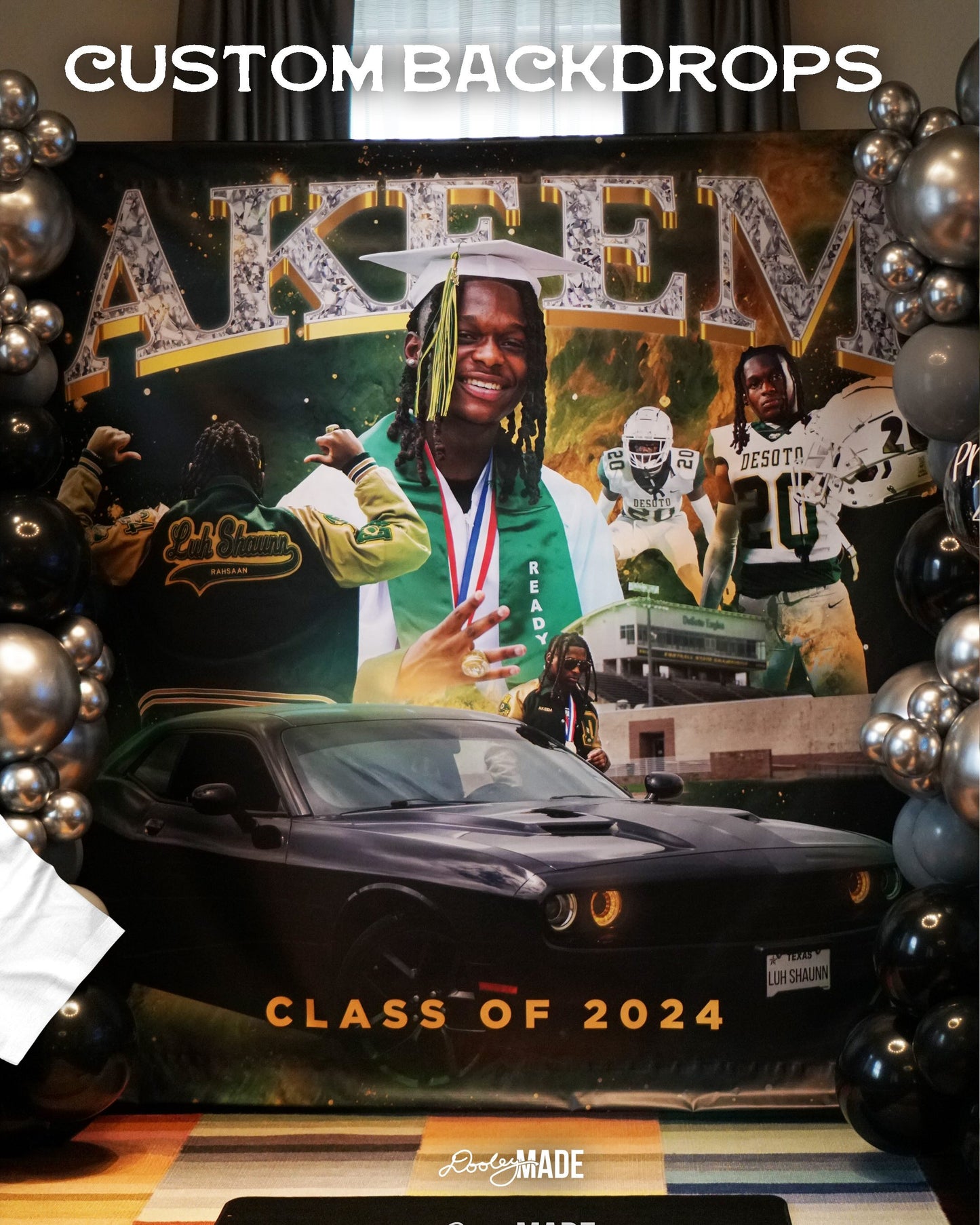 A photo advertising a custom 8ft x 8ft photo backdrop that was was made from photos captured during a graduate photography session and during the graduates senior year. 