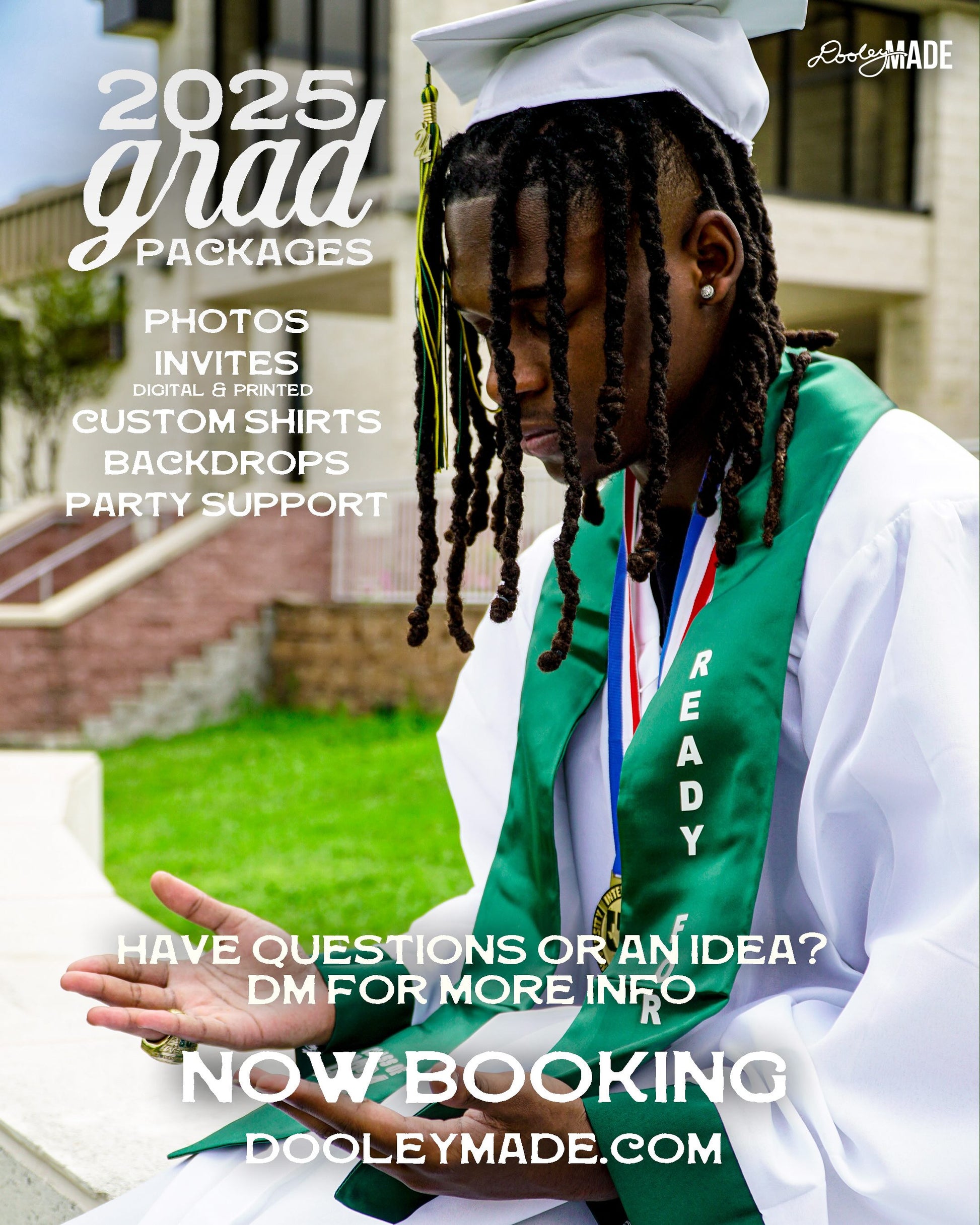 A photo of a graduate in a white cap and gown advertising Personalized Graduation Photography packages that can include photos, digital and physical invites, custom shirts, photo backdrops, and general party support. Photo shows that bookings are now available.