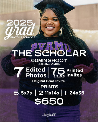 A photo advertising Personalized Graduation Photography The Scholar ($650) package that includes 7 edited photos, 75 printed invitations (8.5x5.5) plus digital versions, and physical prints ((5) 5x7s, (2) 11x14, (1) 22x36). The photo features a graduate smiling happily while motioning to a Prairie  View A&M crewneck sweatshirt. 